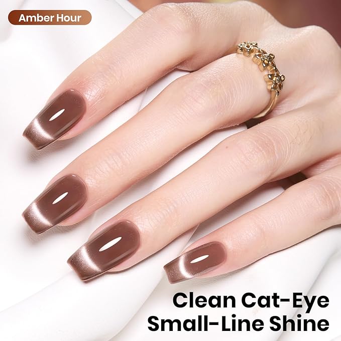 Beetles Brown Cat Eye Gel Nail Polish - Amber Hour Cat Eye Gel Polish, 15ML Glitter Brown Magnetic Fall Gel Polish Jelly Sheer Translucent Effect Soak Off UV French Nail Art Manicure Gift for Women