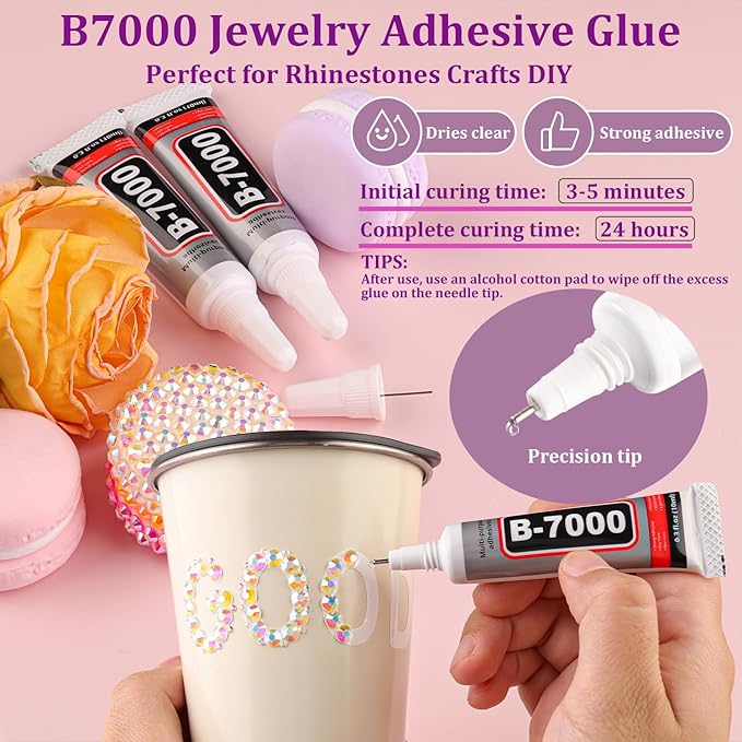 Resin Jelly Rhinestones for Crafting with B7000 Jewelry Glue, 1 Box Transparent AB Flatback Crystals with 2Pcs 10ml Glue, Bedazzling Non Hotfix Gems for DIY Tumblers Clothing Shoes Manicure
