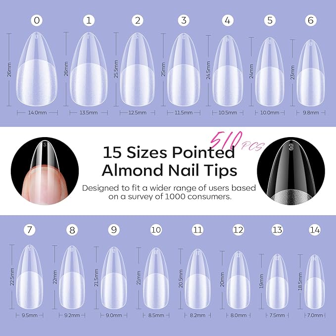 Modelones Pointed Almond Fake Nail Tips - 510Pcs Medium Gel Tips Pre-shaped Half Matte Full Cover Clear Acrylic Gel Kit False Press on Nails for Extension DIY Salon 15Sizes