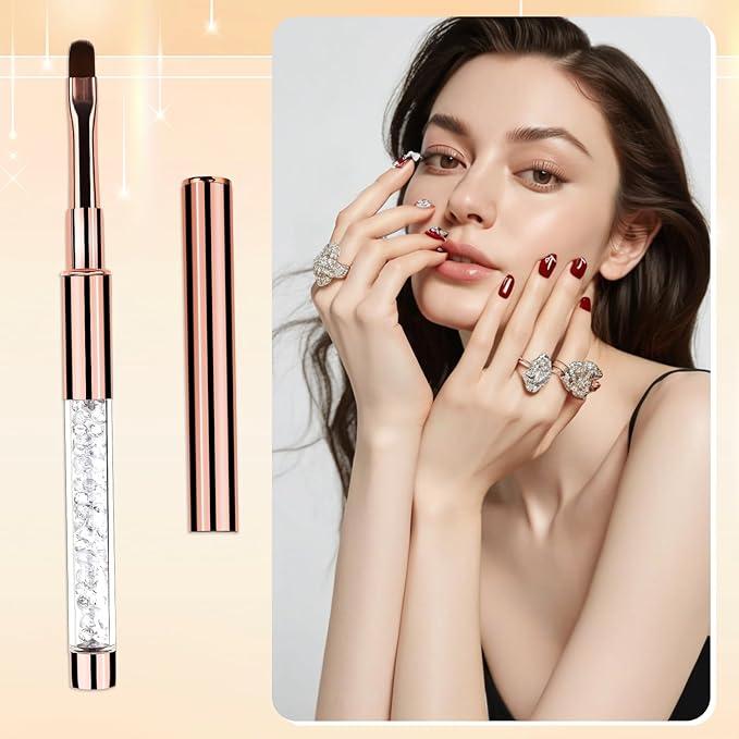 Builder Gel Brush, 2Pcs Oval UV Gel Nail Brush Rhinestone Handle Professional Nail Art Tools Nails Drawing Pen Gel-Brushes for Nails Rose Gold