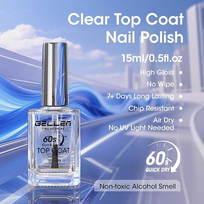 GELLEN Clear Nail Polish Top Coat Quick Dry in 60 Seconds, High-Gloss Shine Top Coat Fast Air Drying Clean Regular Nail Polish, Hema Free, TPO Free, Non-toxic, No Chip, Long Lasting