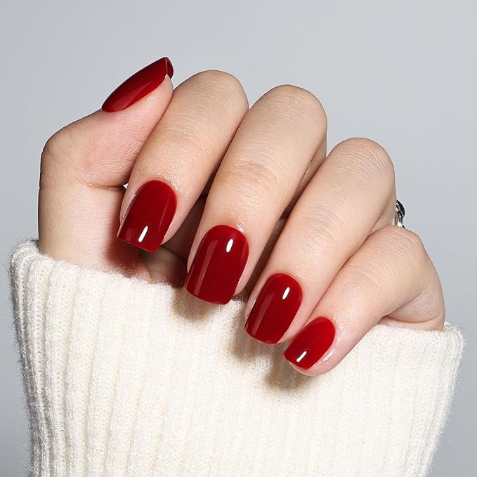 Burgundy Press On Nails - Red Short Square Fake Nails, Square Red Press On Nails Reusable Stick On Nails in 15 Sizes, 30pcs False Nail Kit for Women & Girls (Burgundy)