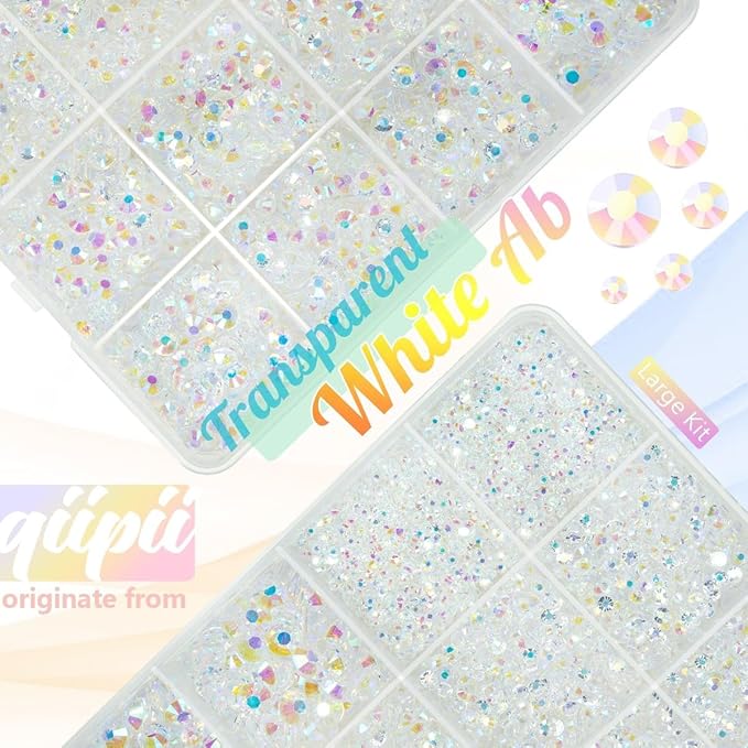 Transparent AB Resin Rhinestones w B7000 Glue for Bedazzling Crafting 2mm-6mm Clear White AB Flatback Jelly Stones Diamonds Gems Bedazzler Kit Charms for Nails Face Makeup Tumblers DIY Crafts