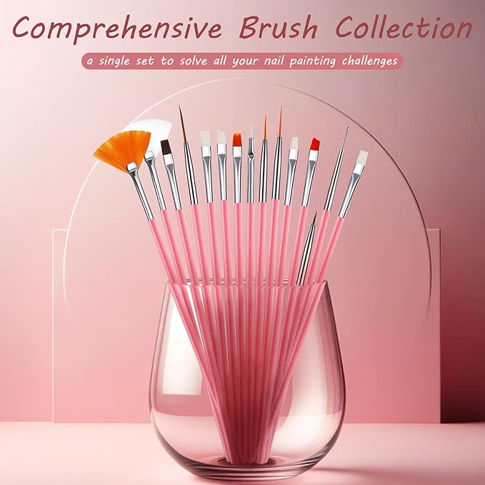 15 Pcs Nail Art Acrylic Brush Set Painting Pen Art Salon Brush Tools Nail Decoration Kit (Pink)