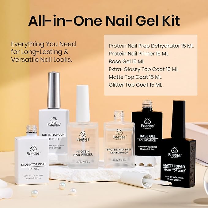 Beetles 6 Pcs 15ml Glossy & Matte Gel Top and Base Coat Set with Protein Nail Prep Dehydrator and Primer Acid-Free & Hema-Free Dehydrate Bond Primer t for Acrylic & Gel Nail Polish Gifts