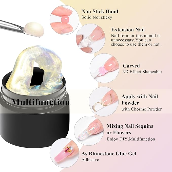 MEET ACROSS Solid Builder Gel For Nails, Aurora Purple Pink Green Non-Sticky Hand Sculpting Gel For Nail Art with Silicone Carving Pen Professional Nail Salon Supplies
