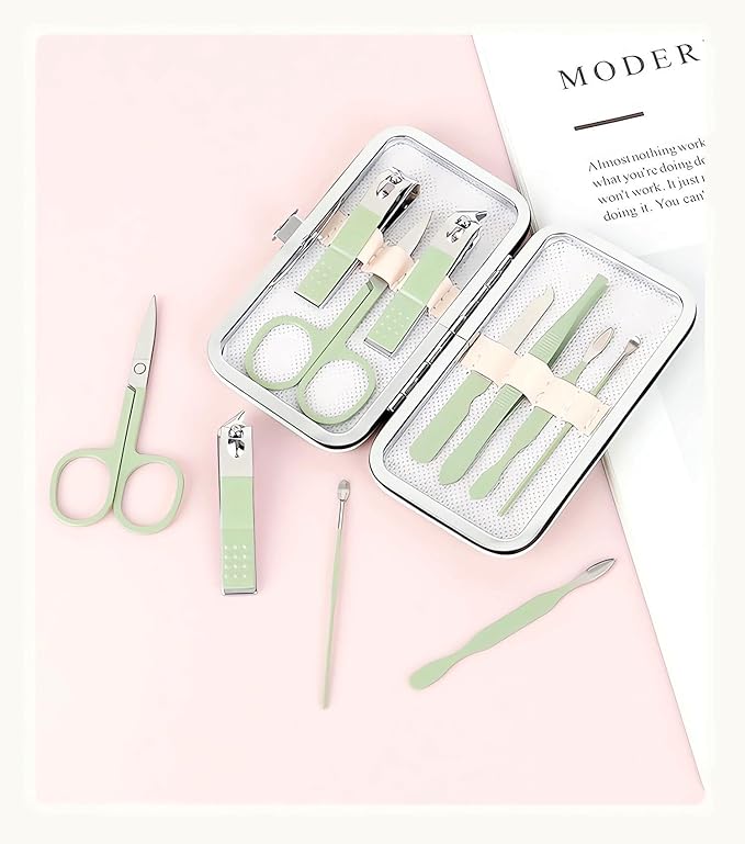 Manicure Set Nail Clipper Set, 7 Pcs Matcha Green Professional Manicure Pedicure Set, Nail Care Kit Beauty Tool, Purse Essentials Travel Nail Kit with Leather Case, Gift for Men and Women