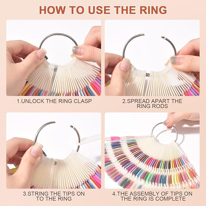 300 Tips Nail Swatch Sticks with Metal Split Ring Fan-shaped Display Nail Practice Sticks Nail Sample Swatches for Nail Art Polish Practice Nail Color Display (Natural)