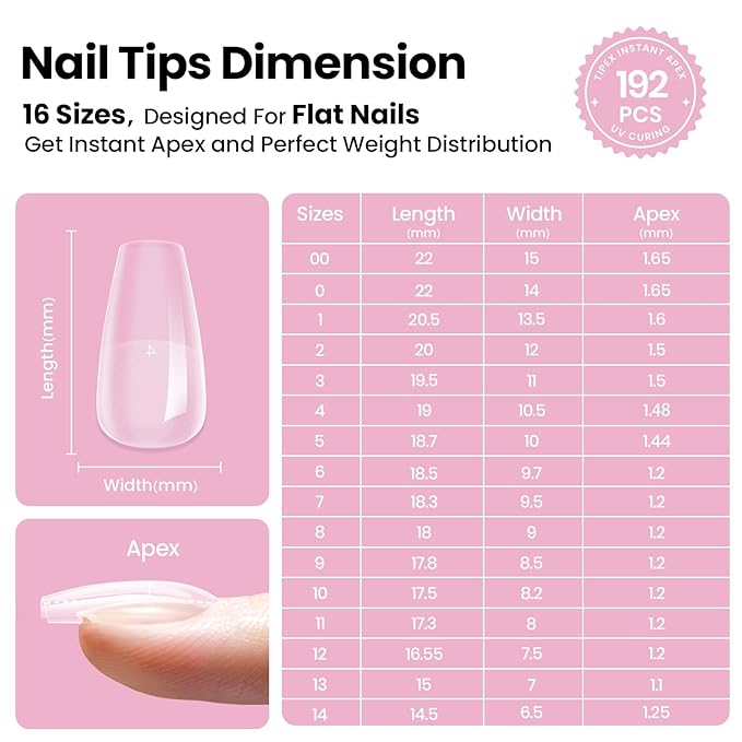 Beetles Tipex Lite Apex Nail Tips Kit,Coffin Short, 192pcs 16 Sizes, with UV Nail Glue, Base & Top Coat, Mini Nail Lamp, Nail Clipper & Cuticle Nipper,Pre-Building Pre-Etched Acrylic Tips Kit