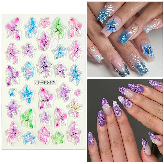 Flower Nail Art Stickers Decals 5D Embossed Nail Decals Spring Summer Colorful Flower Butterfly Nails Design Self-Adhesive 3D Accessories for Women Nails DIY Decoration(5 Sheets)