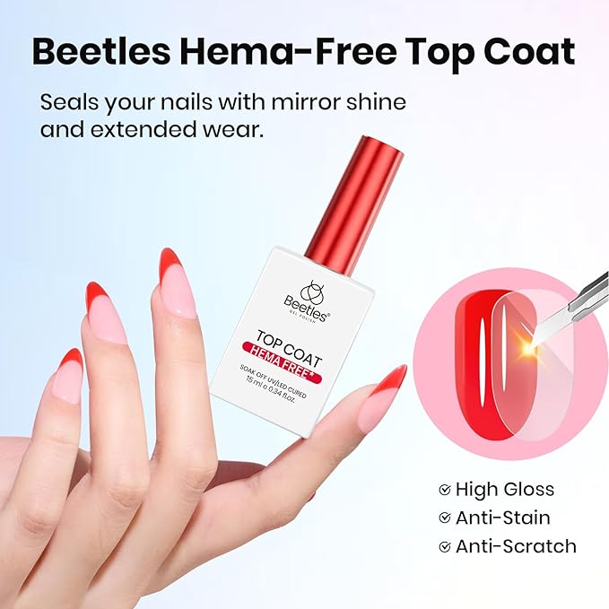 Beetles Gel Top Coat 2Pcs 15ml - 2026 Upgraded Formula HEMA Free & TPO-Free Long Lasting No Wipe Top Coat UV LED Gel Polish for DIY at Home and Salon Manicure