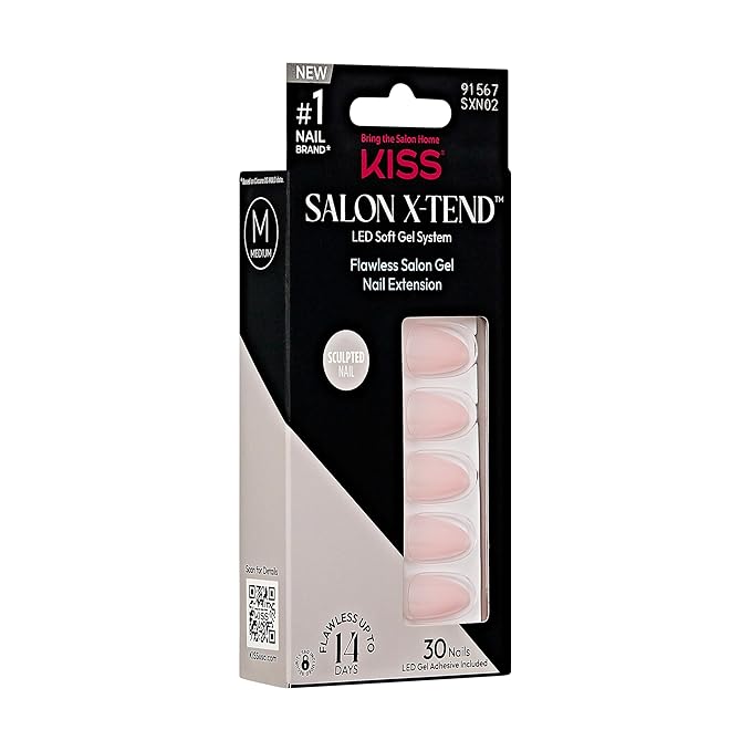 KISS Salon X-tend, Press-On Nails, Nail glue included, 'Gloria', Light Beige, Medium Size, Almond Shape, Includes 30 Nails, 5Ml Led Soft Gel Adhesive, 1 Manicure Stick, 1 New Mini File, New Prep Pad