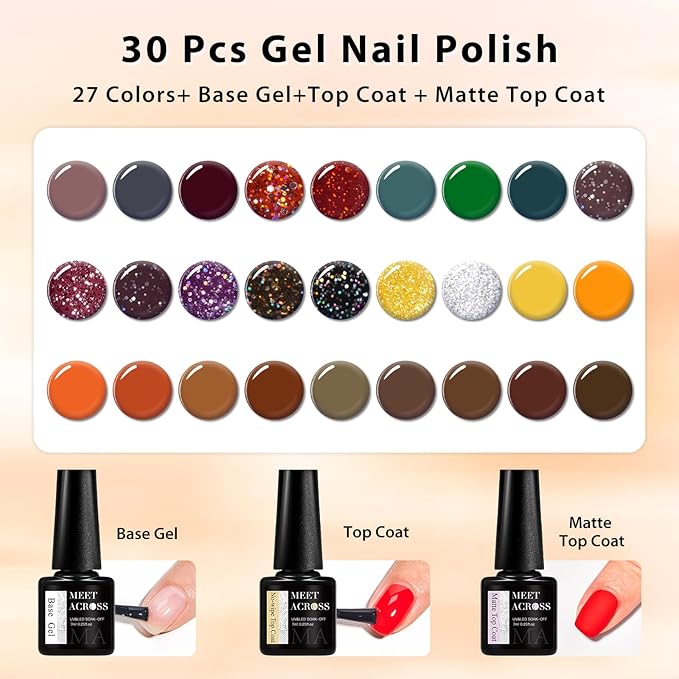 MEET ACROSS 27PCS Gel Nail Polish Set,27 Colors Gel Nail Kit Art Design Soak Off UV LED,Nail Art Design Gifts for Women