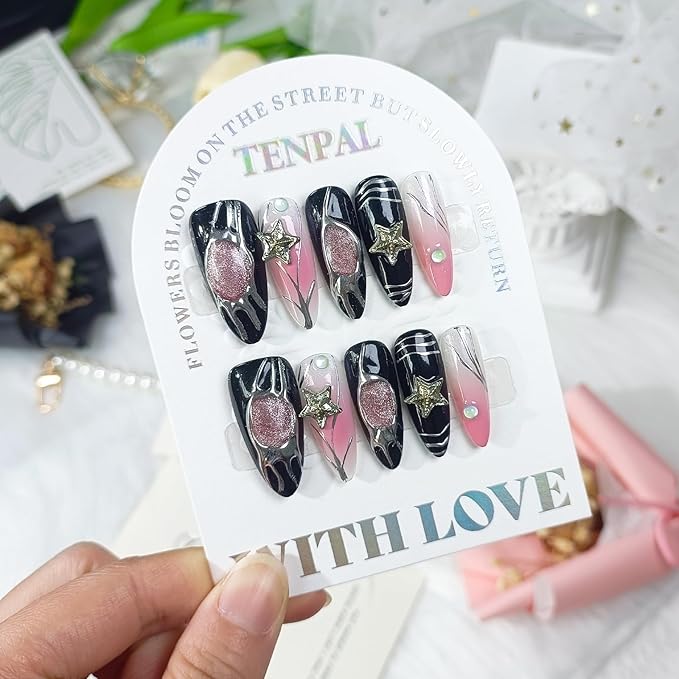 Y2k Press on Nails long Stiletto,Black Star Charms Glitter Swirl, Soft Gel Fake Nails With Tools,Handmade Acrylic 10pcs/Box Pink False Nails With Air Brush Designs(XS)