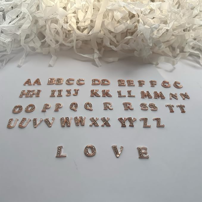 52 Pcs 3D Rose Gold Nail Charms Letters Initial Charms for Nails Nail Letter Charms Alphabet Rhinestone Letter Nail Charms for Nail Art Design Decoration DIY Craft