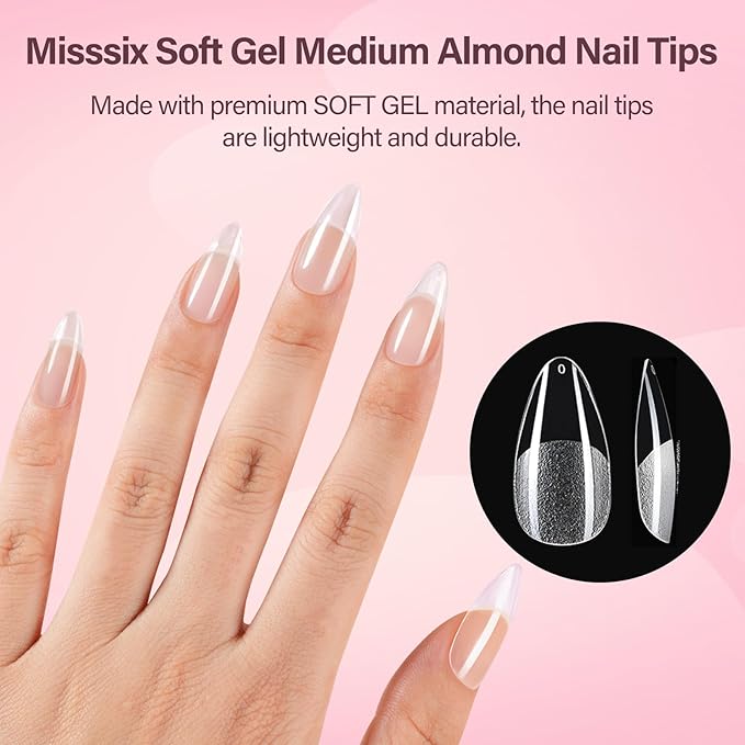 Misssix Medium Almond Gel Nail Tips, 216Pcs Pre Etched Clear Fake Nails, Full Cover Soft Acrylic False Nail Glue and Nail Glue Remover for Women 12 Sizes