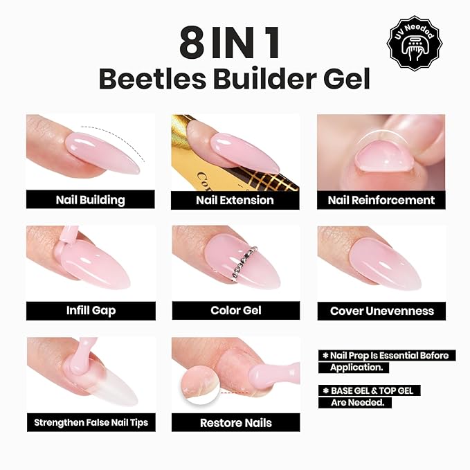 Beetles Builder Gel for Nails, 8 in 1 Nude Brown Colored Strengthener Gel in a Bottle for Nail Extension Building Apex UV LED Lamp Cured DIY at Home Beauty Gift Sets for Women,Base Coat Need