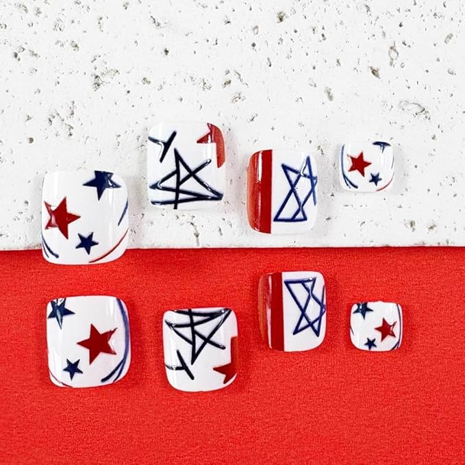 4th of July Press on Toenails Short Square Glue on Toenails with Red Blue Star Design Striped Lines Stick on Toenail Independence Day False Toenail Summer Fake Toenail for Women Manicure 24Pcs