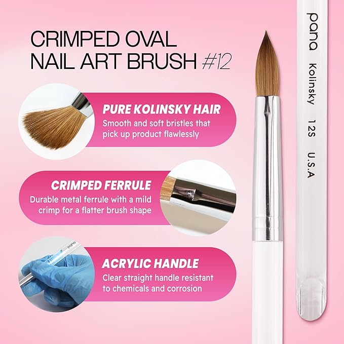 PANA Pure Kolinsky Hair Acrylic Nail Brush - Oval Crimped Shape Silver Ferrule Clear Acrylic Handle (Size 12) - Nail Extension Manicure Pedicure Salon Beginner & Professional