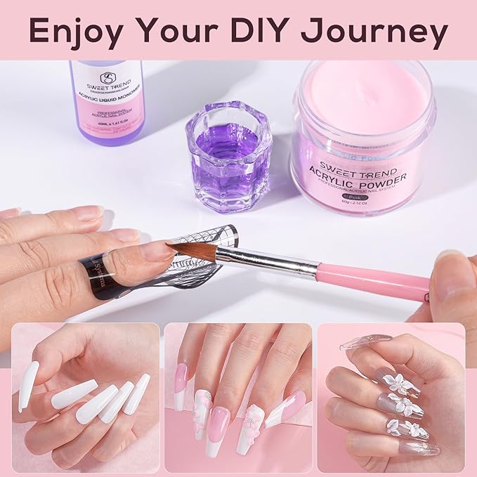 Acrylic Nail Powder: 60g Clear White Pink Nude Acrylic Powder Set Professional Acrylic Nail Powder Polymer Colored Nail Extensions Kit for Carving Nails