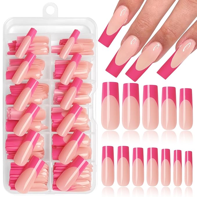 216PC Hot Pink French Tip Press on Nails Long Fake Nails Press ons with 10*Adhesive Tabs, Pink Square Acrylic Nails Press on Nails French Tip Nails False Artificial Fingernails Stick on Nails