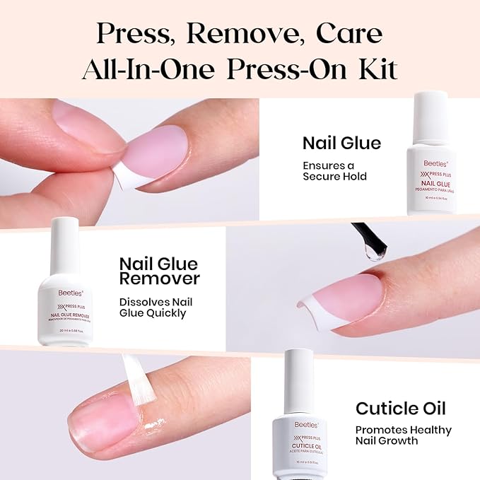 Beetles Press On Nails Kit - Cocoa Mousse French | 7 Colors Short Almond French Tip Press On Nails | 224Pcs 16 Sizes All-in-One Kit With Nail Glue,Remover,Builder Top Coat,Nail Lamp