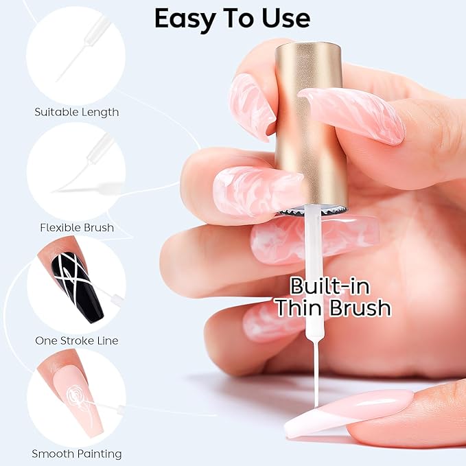 AIMEILI Gel Polish Nail Art Liner, Hema Free, Cruelty Free, Vegan, White Nail Paint Design Build in Thin Brush for Swirl French Tips Manicure DIY