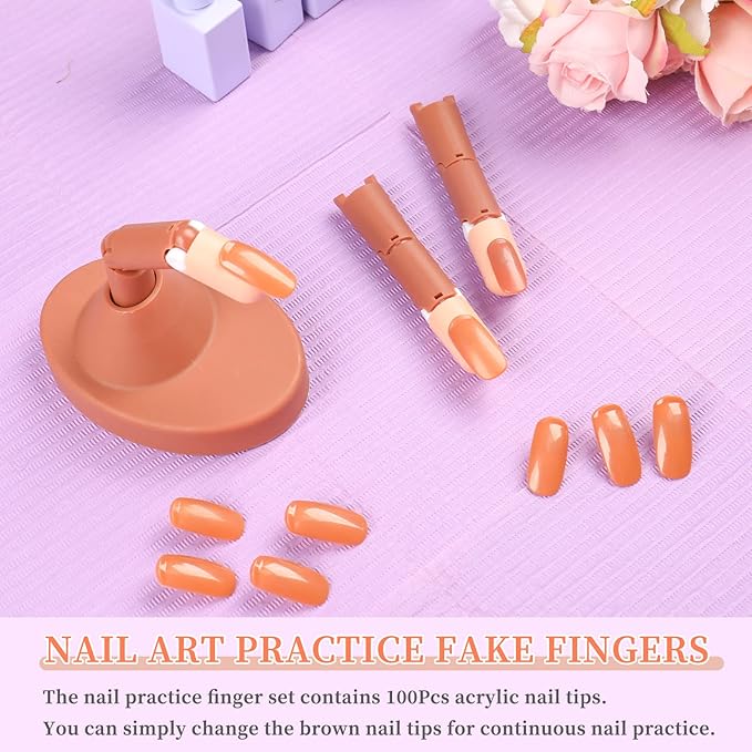 BQAN Nail Practice Fingers for Acrylic Nails, Practice Hand for Nail Training, 4Pcs Adjustable Plastic Fake Fingers for Nail Tech, with 100 PCS Refill Nail Tips and 2 Finger Base