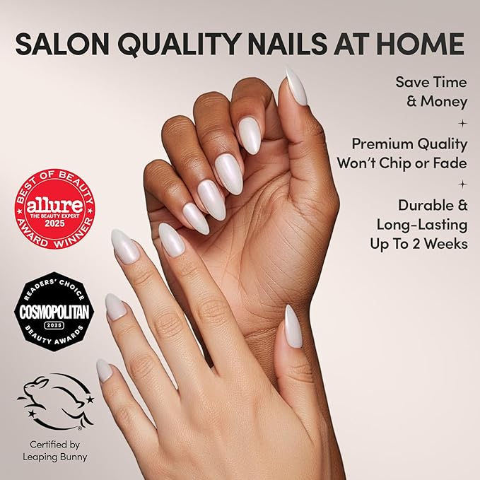 Glamnetic Press On Nails - Hailey Fake Nails | Glossy, Semi-Transparent, Short Almond Nails, Salon Quality | 15 Sizes - 30 Nail Kit with Glue