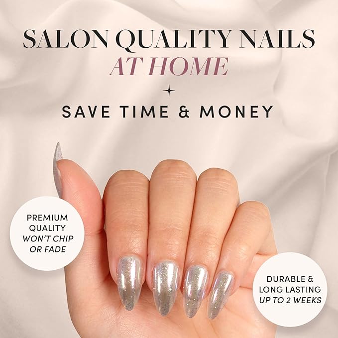 Glamnetic Press On Nails - Stardust | Medium Pointed Almond, Holographic Fake Nails, Salon Quality | 15 Sizes - 30 Nail Kit with Glue