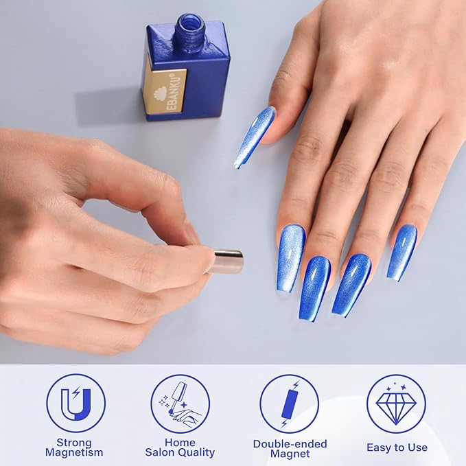 EBANKU Blue Cat Eye Gel Polish, 15ML 0.5 OZ Holographic Glitter Shimmer Translucent Jelly Color Magnetic Polish with Magnet Holiday Salon DIY at Home