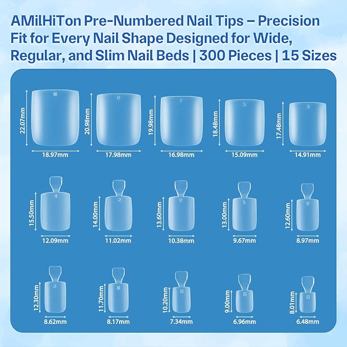Thickening Toe Nail Tips, Square Full Cover for Wide Long Nail Beds, Matte Pre-shaped Press on Toenails for Women Extensions Home DIY Nail Salon 300PCS 15Sizes
