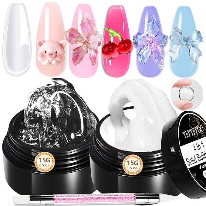 Clear and White Solid Builder Gel for Nails- Non-Stick Hand 3D Sculpting Extension Gel for Nail Art Carving Sculpting Patterns Nail Art Decoration DIY, 30g