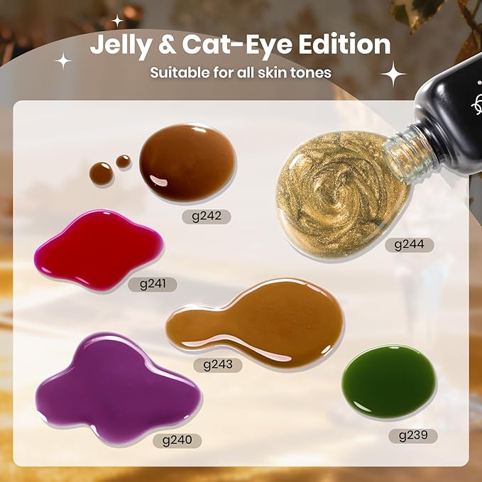 Beetles Gilded Lull Cat Eye Gel Nail Polish Set - 6 Colors Jelly Red Green Brown Purple Silver Cat Eye Glitter Gel Nail Kit Gold Powder Magnetic Soak Off UV Salon DIY Manicure Christmas Gift for Women