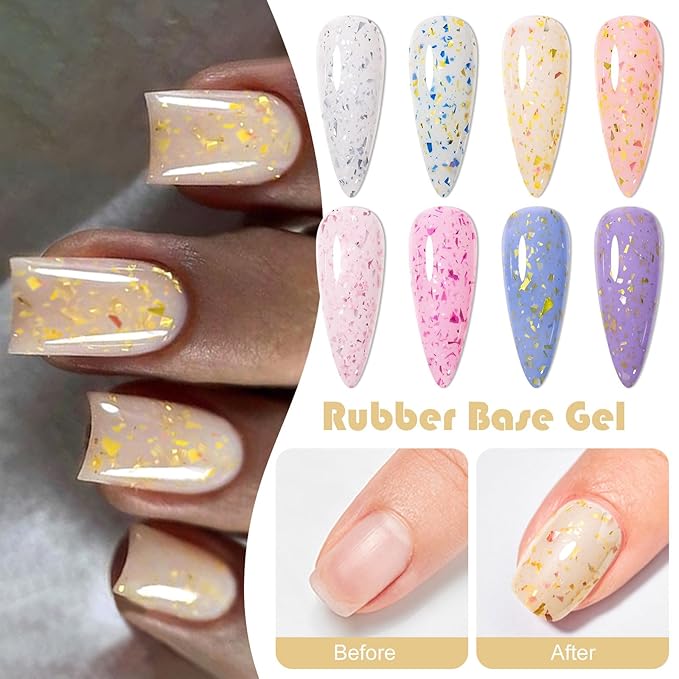 MEET ACROSS Rubber Base Gel Polish, 12pcs*7ml Builder Gel Gold Foil Pink Red Purple Blue Silver Foil White in a Bottle UV Gel Polish Kit, Structure Quick Extension Gel