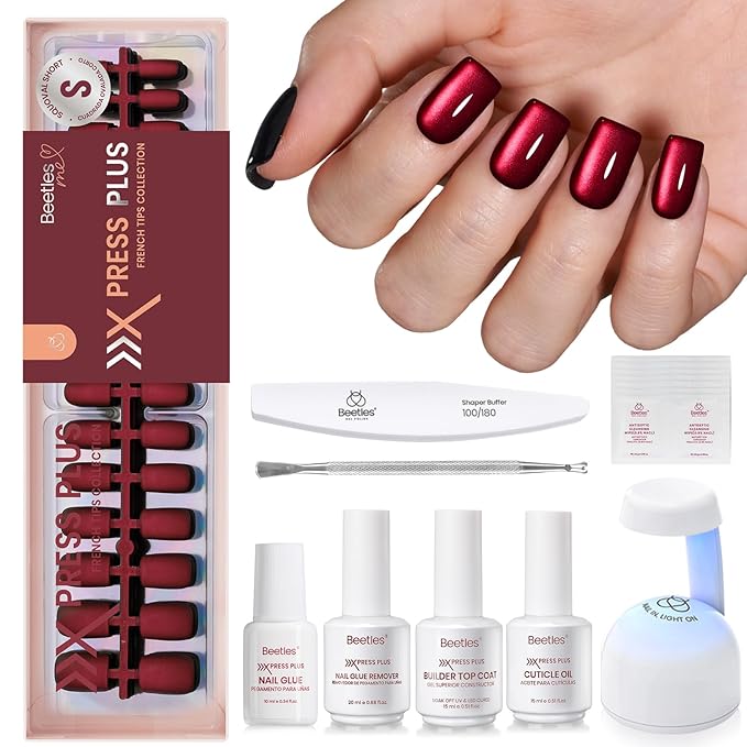 Beetles X Press Cat Eye Nails Kit - Mystic Aurora | 7 Colors Cat Eye Press On Nails Short Square | 224Pcs 16 Sizes All-in-One Kit With Nail Glue,Remover,Builder Top Coat,Nail Lamp Gift