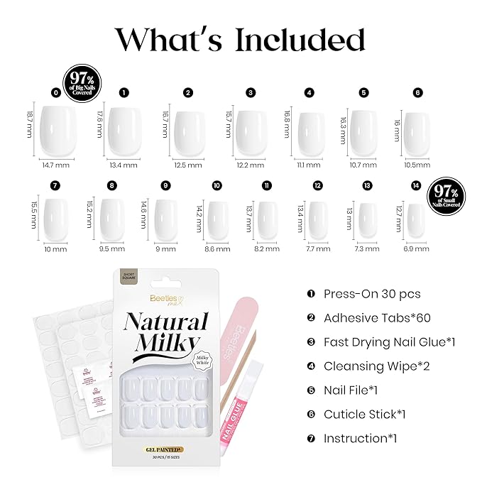 Beetles Natural Milky White Press On, Short Square Press On Nails, Soft Nail Gel Nail Kit with Fast-Dry Nail Glue & Adhesive Tabs, 30pcs 15 Sizes, Girls Stick On Nails for Women