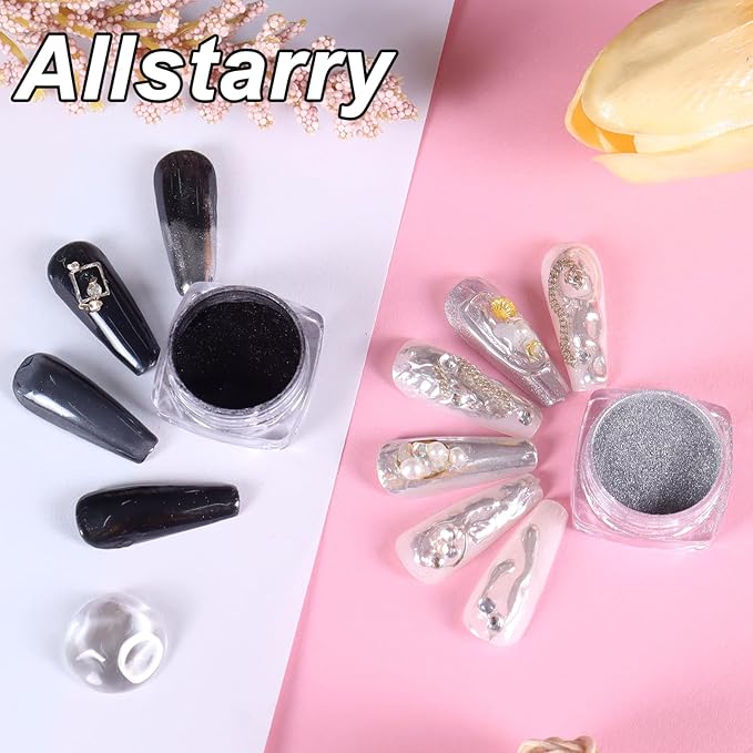 Allstarry Chrome Nail Powder 2pcs Black Silver Metallic Mirror Effect Dust Glitter Glazed Manicure Decoration Reflective Pigment for Gel Polish Nail Art Decoration- Milky Trajectory