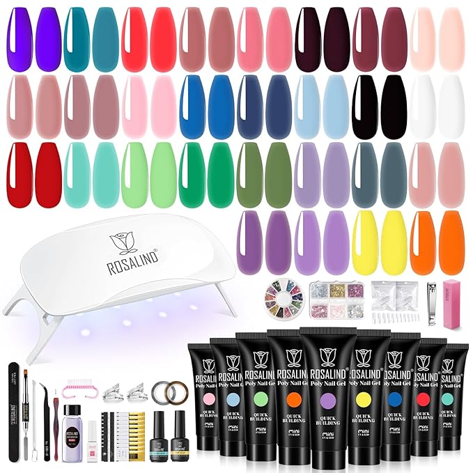 ROSALIND 28 Colors Poly Nail Gel Kit with Mini Lamp Clear Neon Christmas Poly Nail Gel Starter Kit for Beginners Halloween All Seasons Classic Colors with Everything