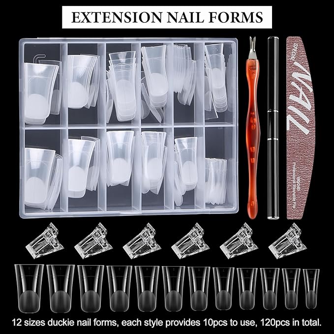120Pcs Duck Polygel Nail Forms Starter Kit 12 Sizes Full Cover Builder Poly Gel Extension Molds Dual Forms with Clips Brush Pen Nail File Cuticle Pusher for Home Salon Manicure Studio