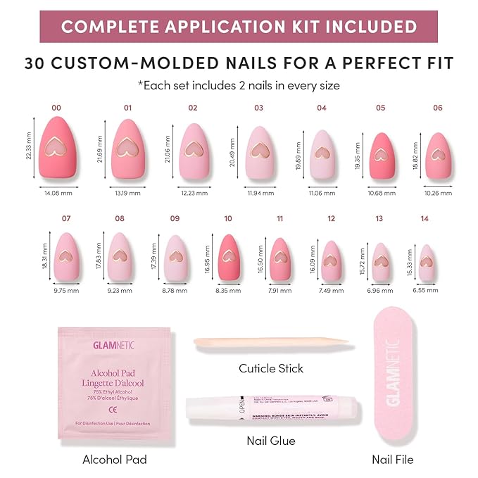 Valentines Day Glamnetic Press On Nails - Matte in Love | Short Almond Fake Nails in Mixed Pink Tones, Metallic Gold Heart in Matte Finish | 15 Sizes - 30 Nail Kit with Glue