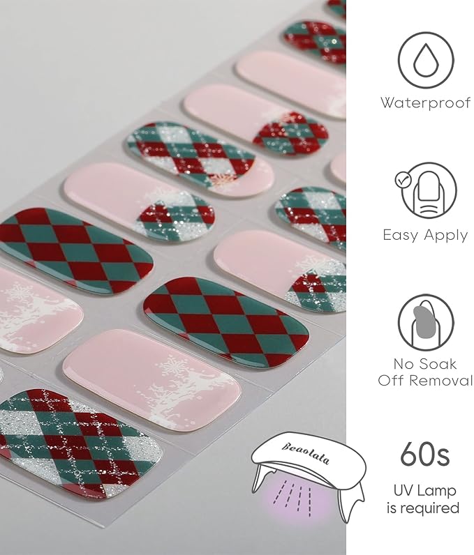 Semi Cured Gel Nail Strips - UV Light Gel Nail Stickers - 20 Long Lasting Salon Quality Wraps (Christmas Cheer Plaid Red&Green)