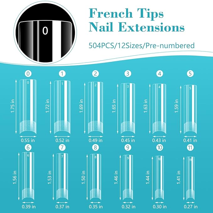 Lionvison Square Nail Tips NO C Curve, 504PCS XL Long Straight Flat Pre Shaped False Nails, Half Cover Clear Nail Tips for Acrylic Nails, French Nail Extensions for Nail Salon Home DIY, 12 Sizes