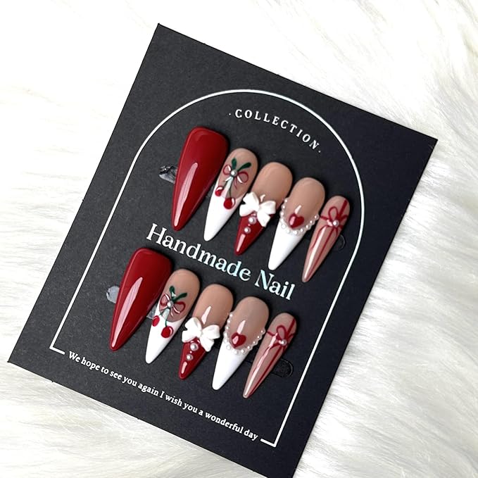 Luxury Handmade Press On Nails for Women,Reusable French Tip Long Almond False Nails, with 3D Red Bow & Cherry Pearls, Salon Quality Multilayer Gel Acrylic Fake Nails (10pcs)