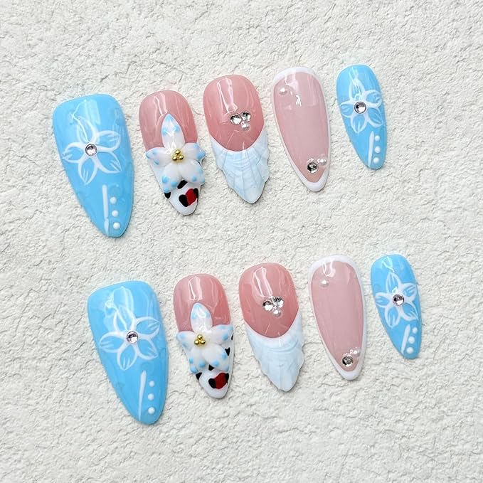 10 Pcs Blue French Almond Handmade Press on Nails with Glue,Luxury False Nails 5D Flower Art Design Muti-Layer Gel False Nails Reusable Thick Nails Handmade Nail for Women(Size S)