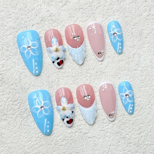 10 Pcs Blue French Almond Handmade Press on Nails with Glue,Luxury False Nails 5D Flower Art Design Muti-Layer Gel False Nails Reusable Thick Nails Handmade Nail for Women(Size S)