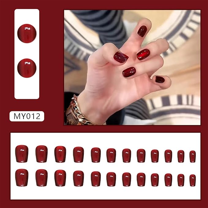Red Cat Eye Press on Nails Short Square Fake Nails Glitter False Nails with Design Bling Glossy Glue on Nail Wine Red Gradient Acrylic Shiny Artificial Stick on Nail for Women Manicure 24Pcs