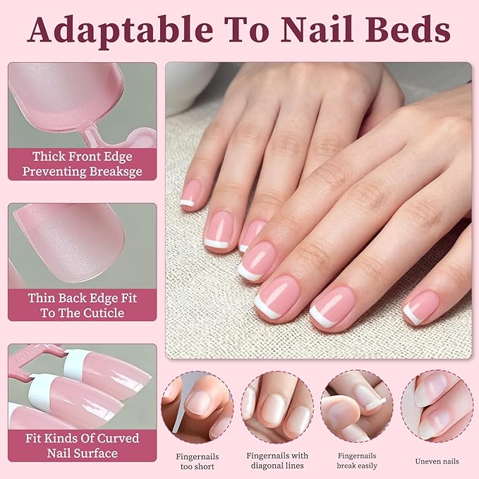 240PC White French Tip Press on Nails Short Fake Nails Press ons with 5*Adhesive Tabs, Pink Square Acrylic Nail Press on Nail French Tip Nails False Artificial Fingernails Stick on Nails-C