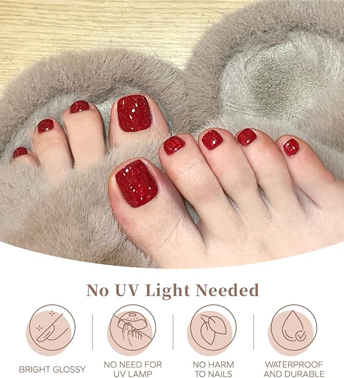 Toe Gel Nail Stickers - 34PCS Salon Quality Wraps no UV Light Needed - Long Lasting Toe Nail Polish Strips for Women (Rose Red)