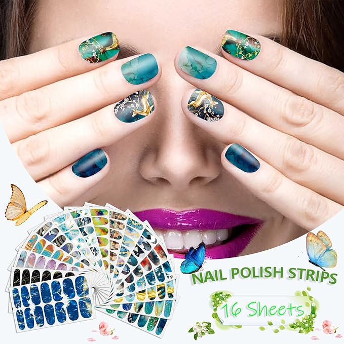 SILPECWEE 16 Sheets Gradient Nail Polish Stickers Full Nail Wraps for Women Stick on Nail Polish Strips Gel Nail Strips Self Adhesive Fingernail Manicure Design with Nail File